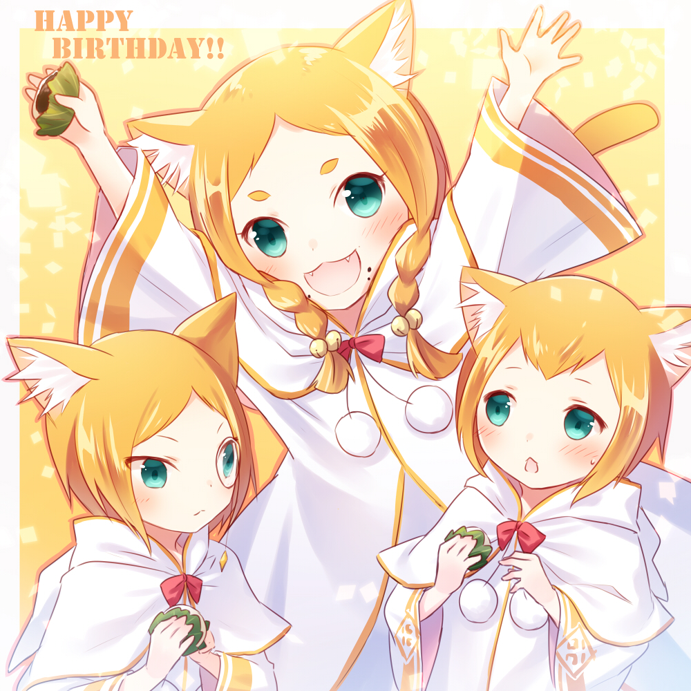 1girl 2boys :3 :d animal_ears arms_up bangs bell blush bow braid brother_and_sister brothers cat_ears closed_mouth commentary_request fangs green_eyes hair_bell hair_ornament happy_birthday heitarou_pearlbaton jingle_bell kashiwa_mochi_(food) long_hair long_sleeves looking_at_viewer looking_to_the_side mimi_pearlbaton monocle multiple_boys open_mouth orange_hair outstretched_arms parted_bangs parted_lips pom_pom_(clothes) ransui re:zero_kara_hajimeru_isekai_seikatsu red_bow robe short_hair siblings smile thick_eyebrows tivey_pearlbaton twin_braids white_robe wide_sleeves