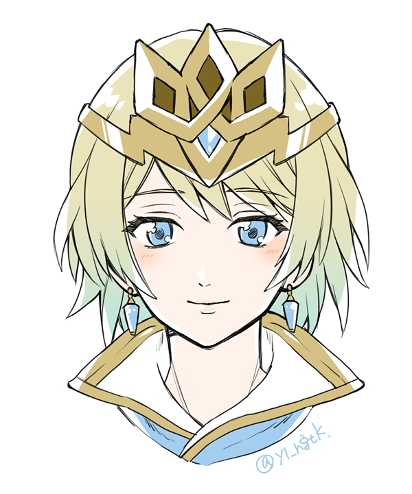 1girl blonde_hair blue_eyes blue_hair crown earrings fire_emblem fire_emblem_heroes fjorm_(fire_emblem_heroes) gradient gradient_hair jewelry looking_at_viewer multicolored_hair short_hair simple_background smile solo yurige