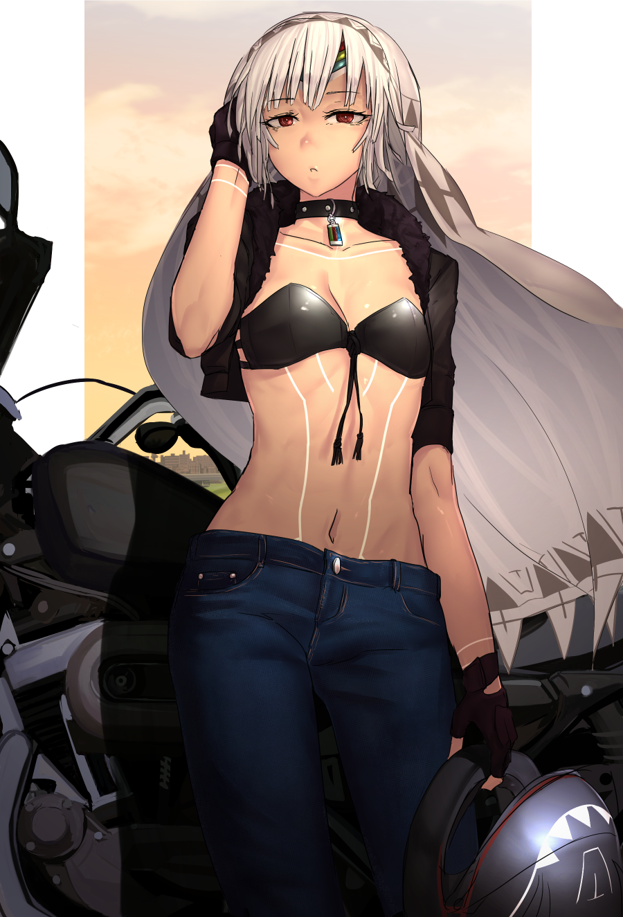 1girl :o altera_(fate) alternate_costume arm_at_side bikini_top black_bikini_top black_gloves black_jacket blush breasts collar collarbone cropped_jacket denim evening fate/grand_order fate_(series) forehead_protector gloves grey_hair ground_vehicle hand_in_hair headwear_removed helmet helmet_removed highres holding holding_helmet i-pan jacket jeans long_hair looking_at_viewer motor_vehicle motorcycle motorcycle_helmet navel open_clothes open_jacket open_mouth orange_sky outside_border pants red_eyes short_hair short_sleeves sky small_breasts solo standing stomach strapless strapless_bikini sunset tassel tatto tsurime veil