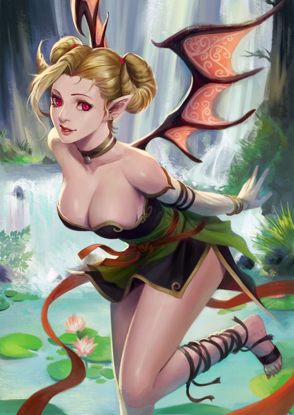 1girl bare_shoulders blonde_hair bracelet breasts choker cleavage demon_girl demon_horns earrings horns japanese_clothes jewelry kimono large_breasts leaning_forward lily_pad looking_at_viewer nail_polish nico_(xuanyuan_jian_can) outdoors parted_lips phamoz pink_eyes pointy_ears red_lips red_nails sash short_hair short_kimono smile strapless succubus toenail_polish twintails water waterfall wings xuanyuan_jian_can