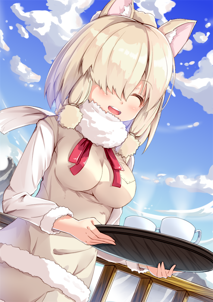 1girl ^_^ alpaca_ears alpaca_suri_(kemono_friends) animal_ears blue_sky blush breast_pocket closed_eyes clouds cup day fence fur-trimmed_sleeves fur_collar fur_trim hair_over_one_eye hair_tie holding holding_tray impossible_clothes impossible_sweater kemono_friends long_sleeves mountain outdoors pocket shiero. sky solo steam sweater tray