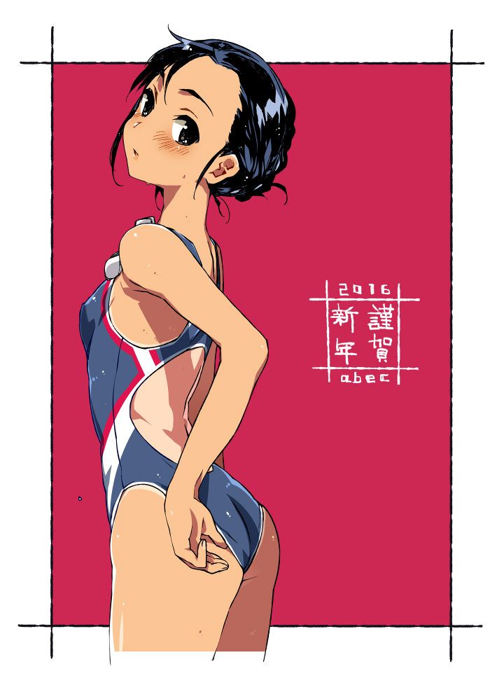 1girl abec black_eyes black_hair colored competition_swimsuit hand_on_hip looking_back new_year one-piece_swimsuit one-piece_tan original swimsuit tan tanline water water_drop wet wet_hair