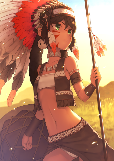 1girl bandeau bare_shoulders black_hair blurry blurry_background breasts brown_skirt brown_vest collarbone commentary_request dark_skin day depth_of_field facial_mark feathers fringe headdress holding holding_shield long_hair looking_away looking_to_the_side native_american navel open_clothes open_vest original outdoors panties ryuinu shield skirt sky small_breasts solo under_boob underwear vest white_bandeau white_panties wrist_cuffs
