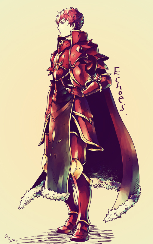 1boy armor armored_boots artist_name asao_(sakuya) boots cape copyright_name fire_emblem fire_emblem_echoes:_mou_hitori_no_eiyuuou fur_trim gloves headwear_removed helmet helmet_removed horns lukas_(fire_emblem) male_focus red_eyes redhead simple_background solo yellow_background