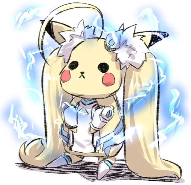 :&lt; absurdly_long_hair ahoge azur_lane blonde_hair commentary_request cosplay detached_sleeves eldridge_(azur_lane) eldridge_(azur_lane)_(cosplay) electricity full_body hair_ornament long_hair long_sleeves pikachu pokemon pokemon_(creature) solid_circle_eyes solo standing thigh-highs twintails u-non_(annon'an) very_long_hair white_background white_legwear