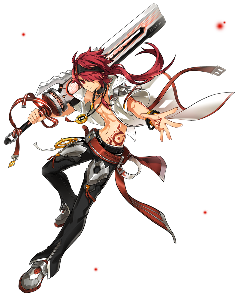 1boy artist_request belt black_neckwear black_pants bracelet choker closed_mouth elsword elsword_(character) full_body hair_over_one_eye headband holding holding_sword holding_weapon jewelry long_hair looking_at_viewer male_focus necklace official_art outstretched_hand over_shoulder pants red_eyes redhead rune_master_(elsword) shirtless shoes smile solo sword weapon white_coat