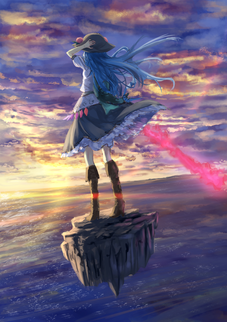 1girl arm_up black_hat black_skirt blouse blue_hair boots brown_footwear clouds cloudy_sky commentary_request floating_rock food from_behind fruit hat hinanawi_tenshi long_hair miniskirt ocean peach puffy_short_sleeves puffy_sleeves roke_(taikodon) short_sleeves skirt sky solo sunset sword_of_hisou touhou white_blouse wind