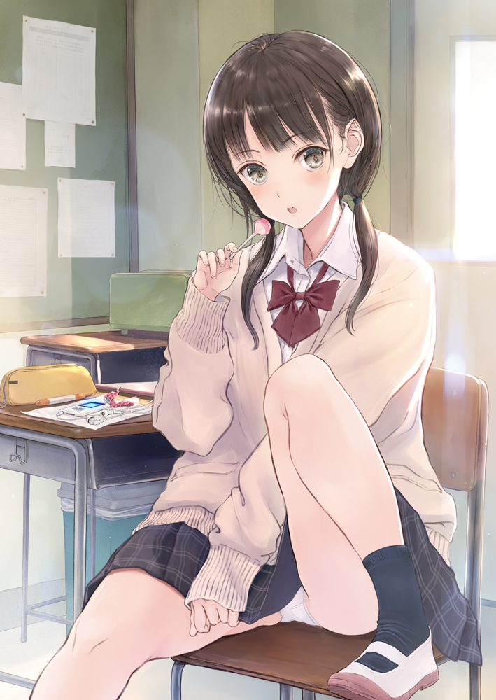 1girl :o between_legs black_eyes black_legwear black_skirt blush bow bowtie brown_hair cable candy_wrapper cardigan chalkboard chestnut_mouth classroom collared_shirt commentary_request desk digital_media_player door eyebrows_visible_through_hair fujita_hidetoshi hair_tie head_tilt headphones holding_lollipop indoors knee_up lens_flare light light_brown_jacket long_hair long_sleeves looking_at_viewer low-tied_long_hair mary_janes open_mouth original panties paper pencil_case plaid plaid_skirt red_bow red_neckwear round_teeth school school_chair school_desk school_uniform shiny shirt shoes sitting skirt socks solo sunlight teeth trash_can underwear uniform white_footwear white_panties white_shirt wing_collar