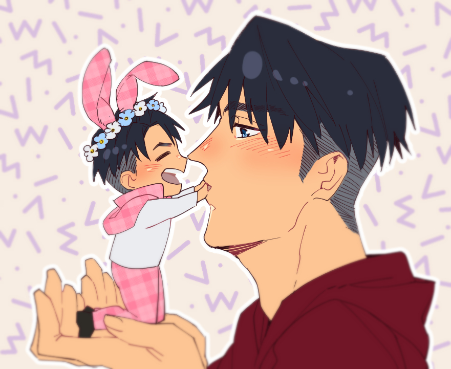 2boys animal_ears black_hair blue_eyes closed_eyes con_potata cosplay covering_another's_mouth dual_persona head_wreath jean-jacques_leroy male_focus miniboy multiple_boys my_melody my_melody_(cosplay) open_mouth rabbit_ears sanrio smile yuri!!!_on_ice