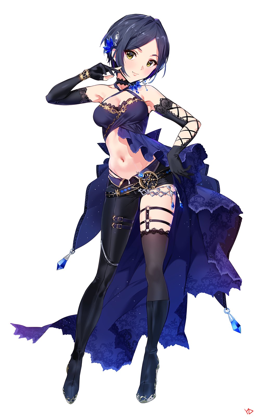 1girl asymmetrical_clothes black_gloves black_legwear blue_dress blue_hair boots bracelet brown_eyes choker closed_mouth criss-cross_halter dress elbow_gloves finger_to_face fingerless_gloves full_body gloves hair_ornament halterneck hayami_kanade head_tilt highres idolmaster idolmaster_cinderella_girls jewelry midriff navel simple_background single_pantsleg single_thighhigh standing thigh-highs thigh_boots white_background yang-do