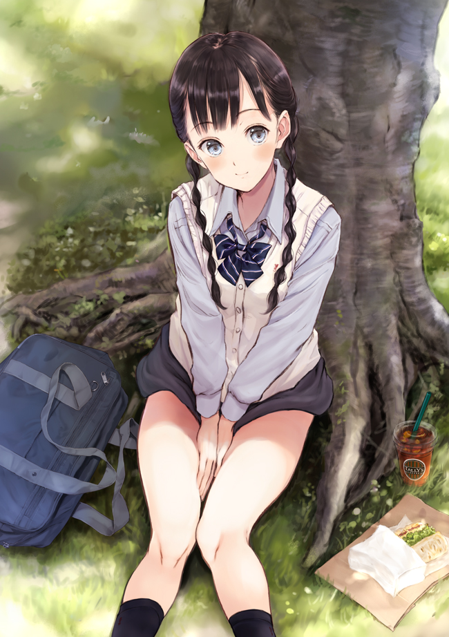 1girl against_tree bag between_legs black_hair black_legwear blue_bow blue_eyes blue_neckwear blush bow bowtie braid buttons closed_mouth coffee collared_shirt commentary_request day diagonal_stripes drinking_cup drinking_straw eyebrows_visible_through_hair food fujita_hidetoshi grass grey_shirt hand_between_legs head_tilt kneehighs knees_together long_hair long_sleeves looking_at_viewer looking_up on_ground original outdoors paper_bag plastic_cup sandwiched school_bag school_uniform shiny shiny_hair shirt sitting smile striped striped_bow striped_neckwear sunlight tree twin_braids vest white_vest zipper