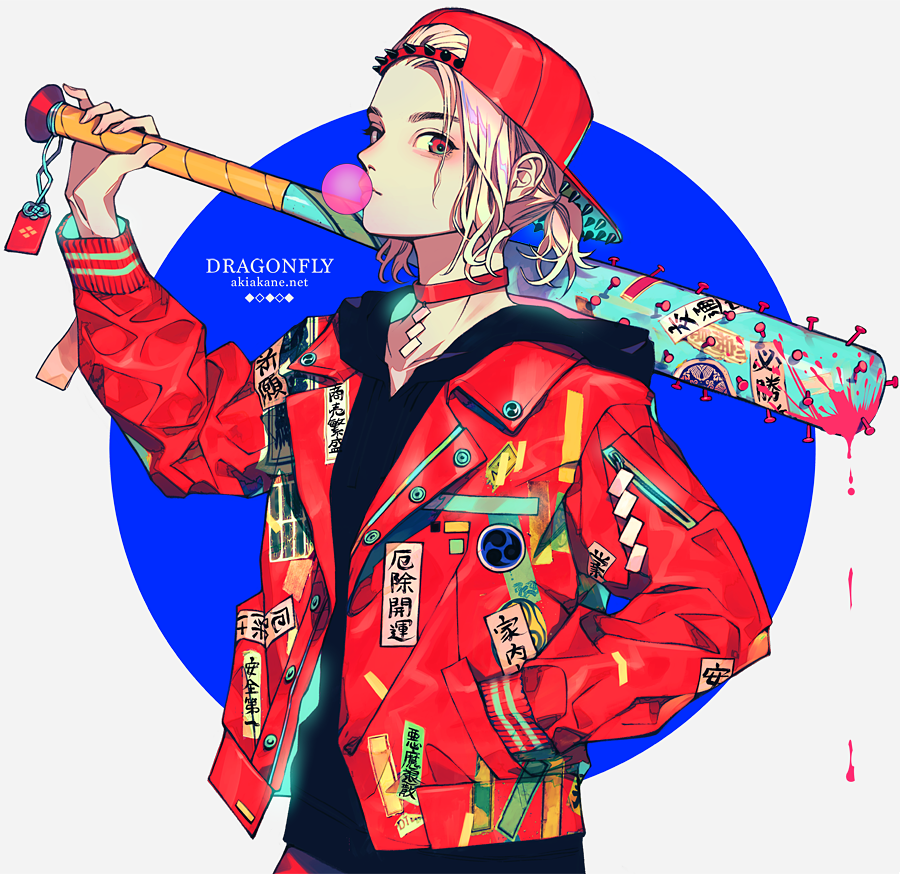 1girl akiakane backwards_hat baseball_bat baseball_cap black_shirt blonde_hair blood blood_splatter bubble_blowing choker closed_mouth commentary hand_up hat holding holding_weapon jacket jewelry long_sleeves looking_at_viewer nail nail_bat necklace open_clothes open_jacket original over_shoulder ponytail red_choker red_eyes red_jacket shirt solo spikes standing upper_body watermark weapon weapon_over_shoulder web_address