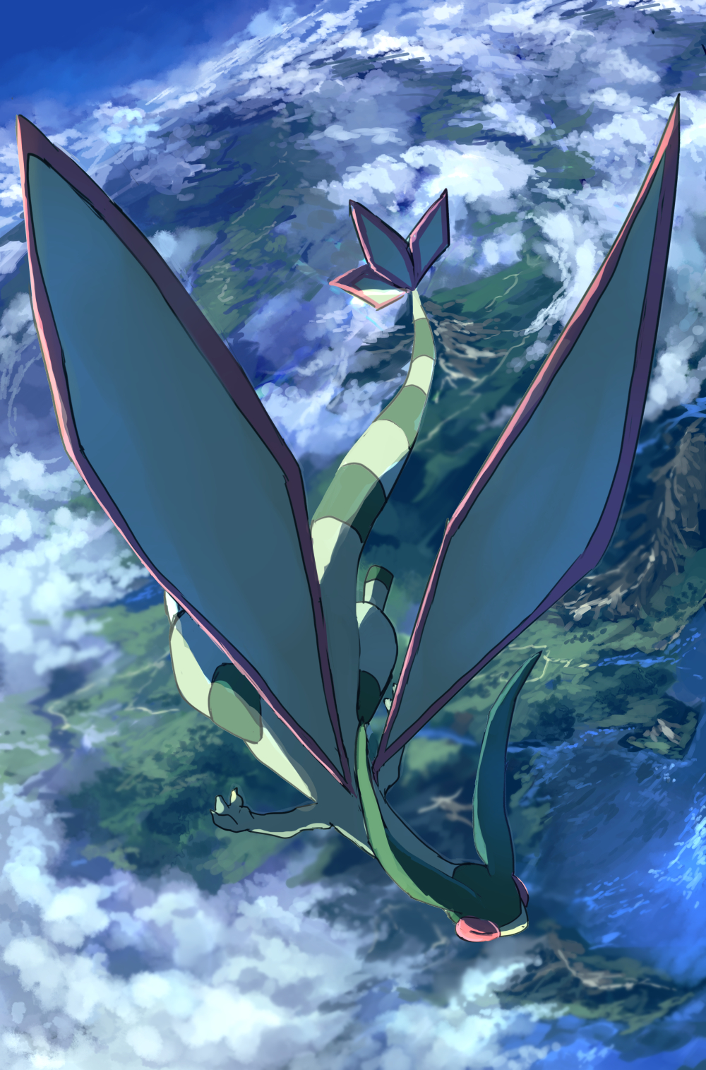 above_clouds closed_eyes clouds day flygon flying full_body highres no_humans outdoors pippi_(pixiv_1922055) pokemon pokemon_(creature) scenery solo valley wings
