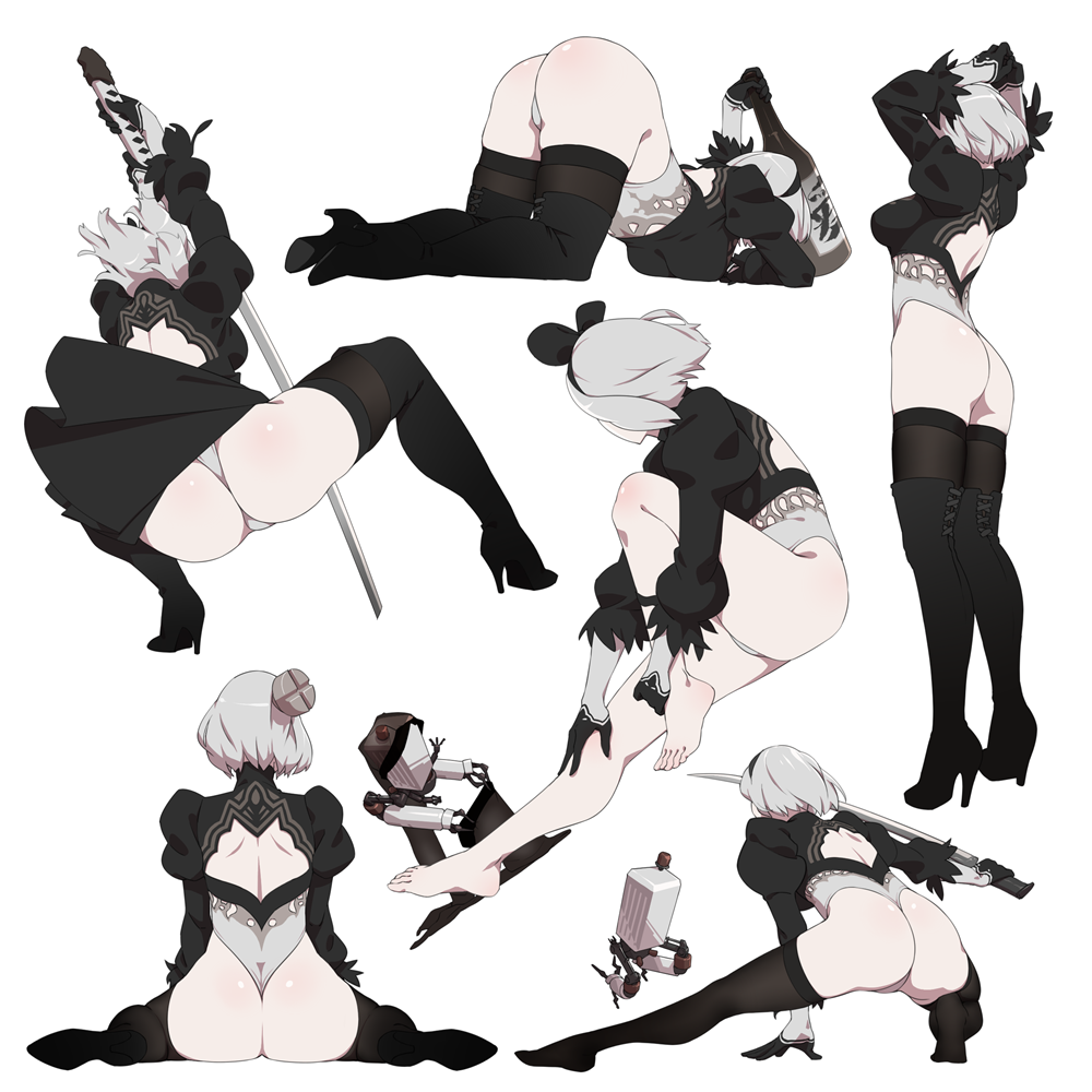 1girl all_fours ass barefoot black_gloves black_legwear blindfold breasts dress feet gloves hairband high_heels leotard medium_breasts mole mole_under_mouth multicolored multicolored_clothes multicolored_gloves nier_(series) nier_automata open-back_dress pod_(nier_automata) short_hair silver_hair simple_background skindentation skirt sword thigh-highs thighs toes weapon white_background white_gloves white_hair white_leotard yan_wan yorha_no._2_type_b