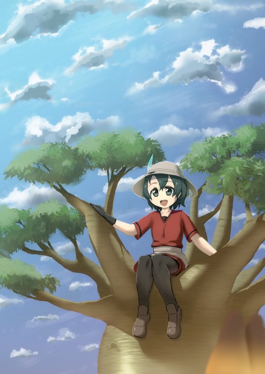 1girl :d bangs black_eyes black_gloves black_hat black_legwear blue_sky brown_footwear bucket_hat clouds cloudy_sky collarbone dangorou_(yushi-art) day eyebrows eyebrows_visible_through_hair feathers gloves hair_between_eyes hat hat_feather in_tree kaban_(kemono_friends) kemono_friends knees_together_feet_apart loafers no_nose official_style open_mouth outdoors pantyhose pantyhose_under_shorts red_shirt shirt shoes short_hair short_sleeves shorts silver_hat silver_shorts sitting sitting_in_tree sky smile solo tareme tatsuki_(irodori)_(style) teeth tongue tree v-neck