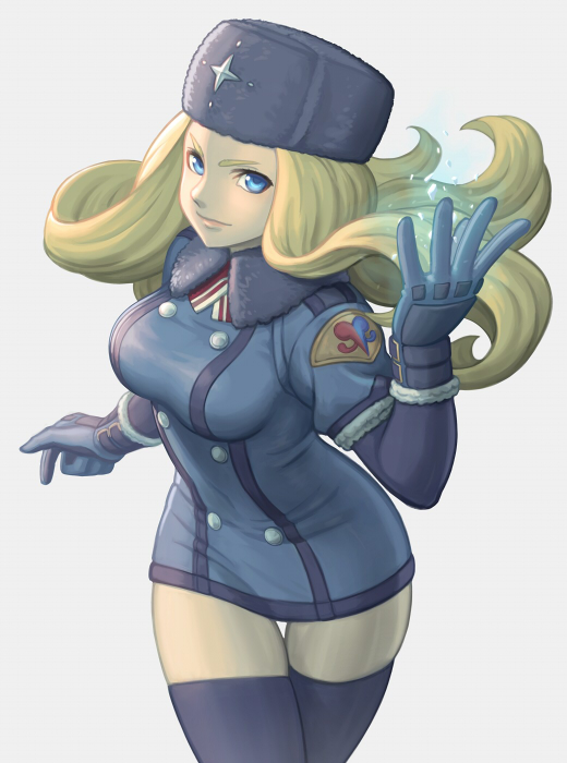 1girl alone black_legwear blonde_hair blue_eyes breasts coat curvy female fur_hat fur_trim gloves hat highres ice kolin long_hair looking_at_viewer medium_breasts noppo_(tarstation) solo street_fighter street_fighter_v thick_thighs thigh-highs thighs ushanka zettai_ryouiki