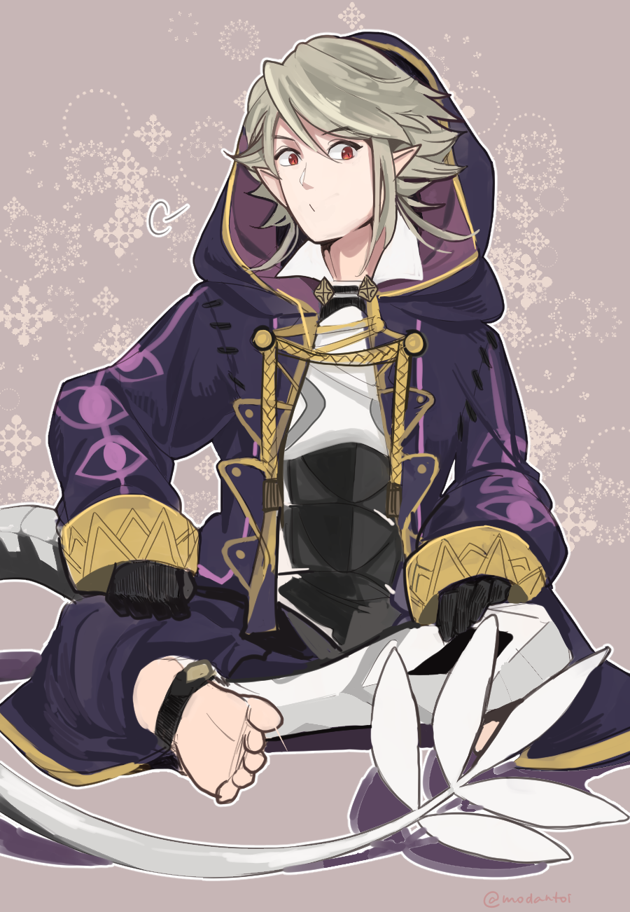 cloak dragon_tail fire_emblem fire_emblem_if highres looking_at_viewer male_my_unit_(fire_emblem_if) modantoire my_unit_(fire_emblem:_kakusei) my_unit_(fire_emblem_if) red_eyes sitting solo spiky_hair tail white_hair