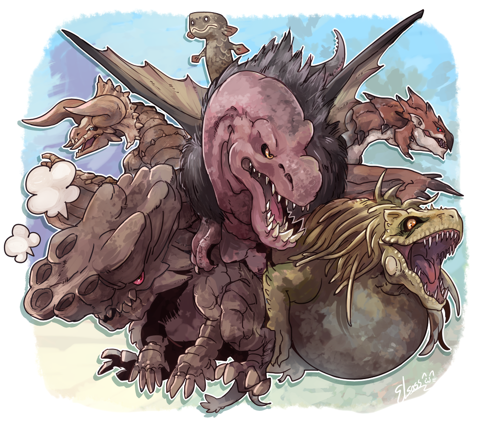 anjanath barroth blue_eyes chibi claws closed_mouth diablos dragon elsass full_body fur great_jagras horns jyuratodus looking_at_viewer looking_to_the_side monster_hunter monster_hunter:_world no_humans nostrils open_mouth rathalos red_eyes scales sharp_teeth slit_pupils teeth wyvern yellow_eyes