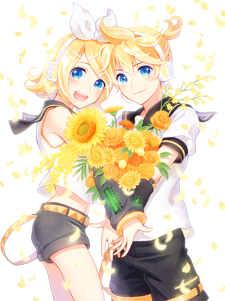 1boy 1girl belt blonde_hair blue_eyes detached_sleeves flower hair_ornament hair_ribbon hairclip headphones headset hima_(ab_gata) kagamine_len kagamine_rin looking_at_viewer open_mouth petals ribbon sailor_collar short_hair short_ponytail shorts sleeveless smile sunflower vocaloid