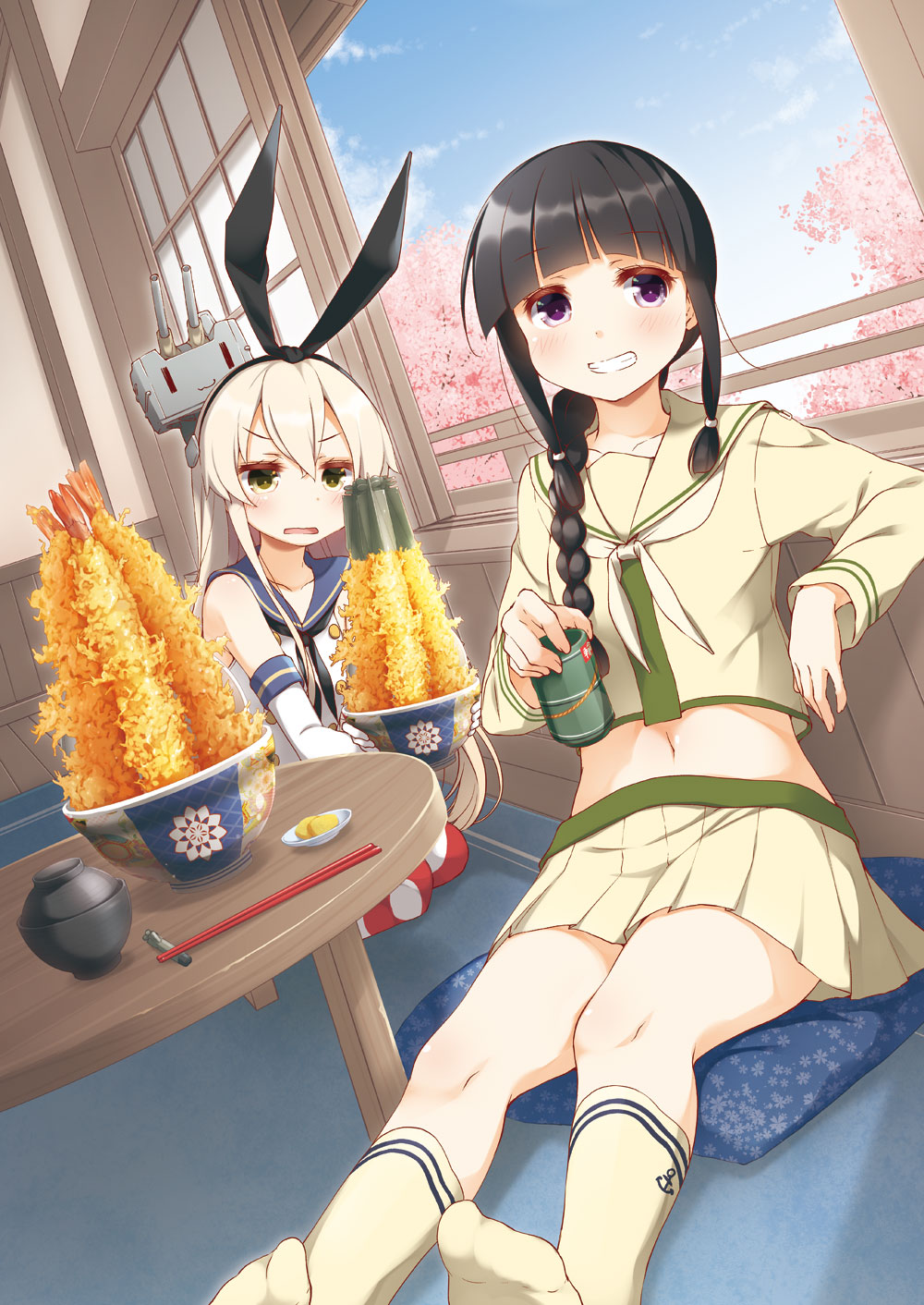 2girls black_hair black_neckwear blonde_hair blue_sailor_collar braid brown_eyes cherry_blossoms chopsticks food grin hair_between_eyes highres holding kantai_collection kitakami_(kantai_collection) kneehighs long_hair long_sleeves multiple_girls neckerchief open_mouth pleated_skirt remodel_(kantai_collection) rensouhou-chan sailor_collar school_uniform serafuku shimakaze_(kantai_collection) shrimp shrimp_tempura single_braid skirt smile striped striped_legwear tempura violet_eyes white_neckwear yellow_legwear yellow_sailor_collar yellow_skirt yume_no_owari