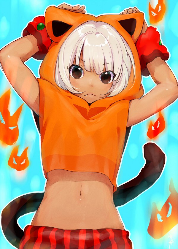 1girl animal_ears arms_up brown_eyes closed_mouth commentary_request copyright_request eyebrows_visible_through_hair fang fang_out hood_up kawai_makoto looking_at_viewer midriff navel red_skirt short_hair silver_hair skirt solo striped striped_skirt tail upper_body vertical_stripes wristband