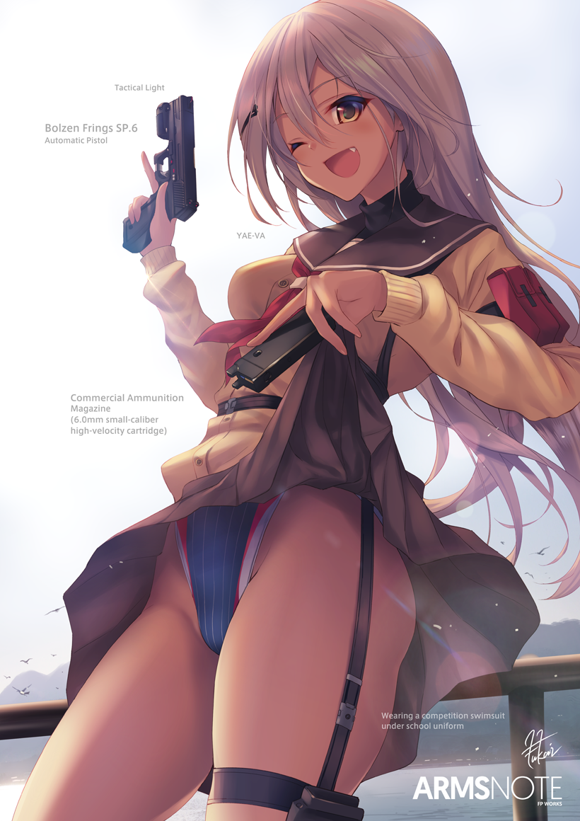 1girl ;d ammunition arms_note bird blonde_hair blue_sky blue_swimsuit blush brown_eyes brown_skirt competition_swimsuit cowboy_shot day english eyebrows_visible_through_hair fang fukai_ryousuke gun hair_between_eyes hair_ornament hairclip hand_up handgun holding holding_gun holding_weapon holster lifted_by_self long_hair long_sleeves looking_at_viewer neckerchief one-piece_swimsuit one_eye_closed open_mouth outdoors pistol railing red_neckwear river school_uniform serafuku signature skirt skirt_lift sky smile solo standing striped swimsuit swimsuit_under_clothes thigh_holster thigh_strap thighs trigger_discipline upper_body vertical-striped_swimsuit vertical_stripes very_long_hair weapon