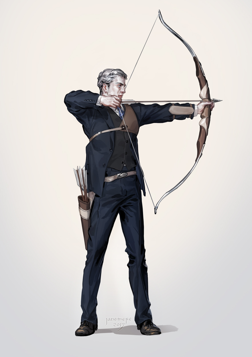 1boy aiming arms_up arrow artist_name belt black_jacket black_pants black_vest blue_neckwear bow_(weapon) brown_footwear closed_mouth formal full_body grey_background grey_hair highres holding holding_bow_(weapon) holding_weapon jacket jane_mere legs_apart long_sleeves looking_to_the_side male_focus mature muneate necktie open_clothes open_jacket original pants profile quiver shoes solo standing suit unbuttoned vest weapon