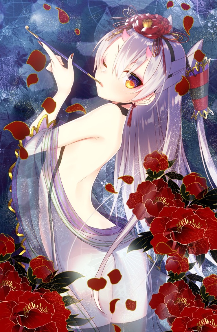 1girl amatsukaze_(kantai_collection) ass earrings flower hair_between_eyes hair_flower hair_ornament holding horns jewelry kantai_collection kiseru long_hair looking_at_viewer multicolored multicolored_eyes nail_polish one_eye_closed orange_eyes petals pipe red_flower red_nails solo tahya twintails very_long_hair violet_eyes white_hair yellow_eyes