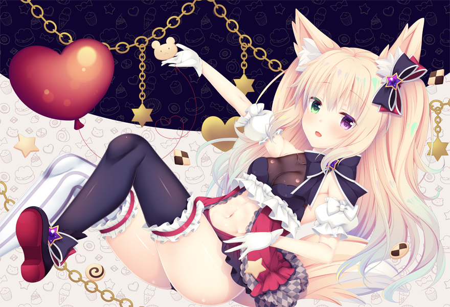 1girl :d animal_ears argyle babydoll balloon black_footwear black_legwear black_skirt blonde_hair blush chains checkerboard_cookie commentary_request cookie detached_sleeves fang food gloves green_eyes heart heart_balloon heart_of_string heterochromia leg_garter long_hair mismatched_legwear open_mouth original outstretched_arm pleated_skirt puffy_short_sleeves puffy_sleeves shoes short_sleeves skirt smile solo star striped striped_legwear tail thigh-highs vertical-striped_legwear vertical_stripes very_long_hair violet_eyes white_gloves white_legwear wolf_ears wolf_girl wolf_tail yanase_aki