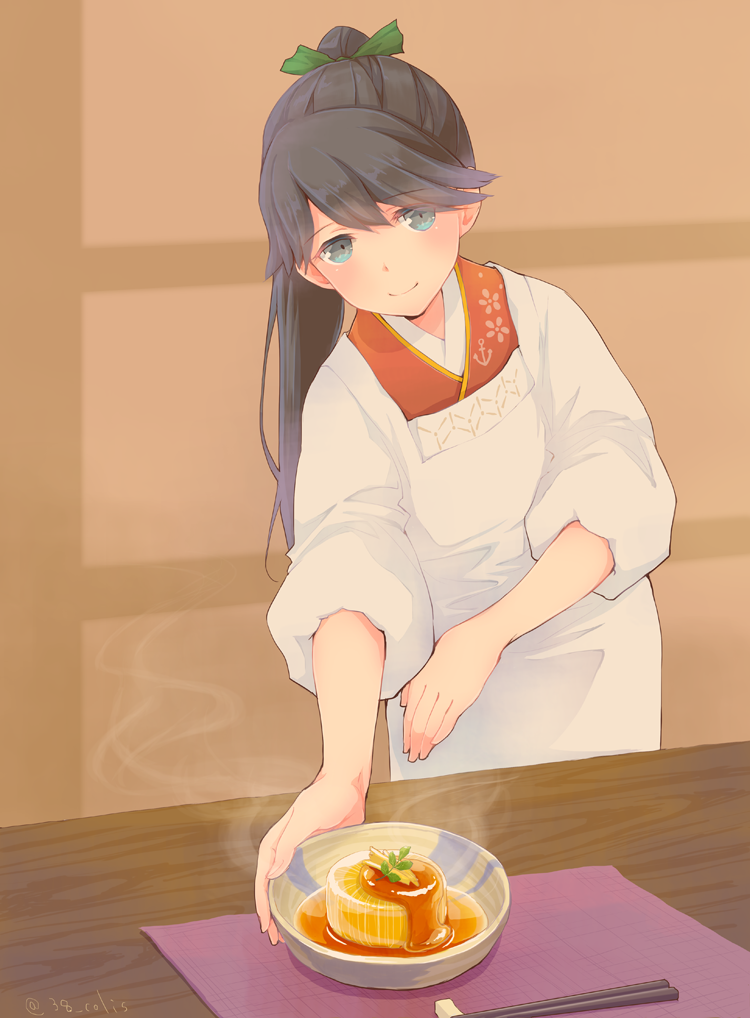 1girl apron black_hair blue_eyes blush bowl chopsticks closed_mouth colis commentary_request food food_request houshou_(kantai_collection) indoors japanese_clothes kantai_collection kappougi long_hair looking_at_viewer placemat ponytail smile solo