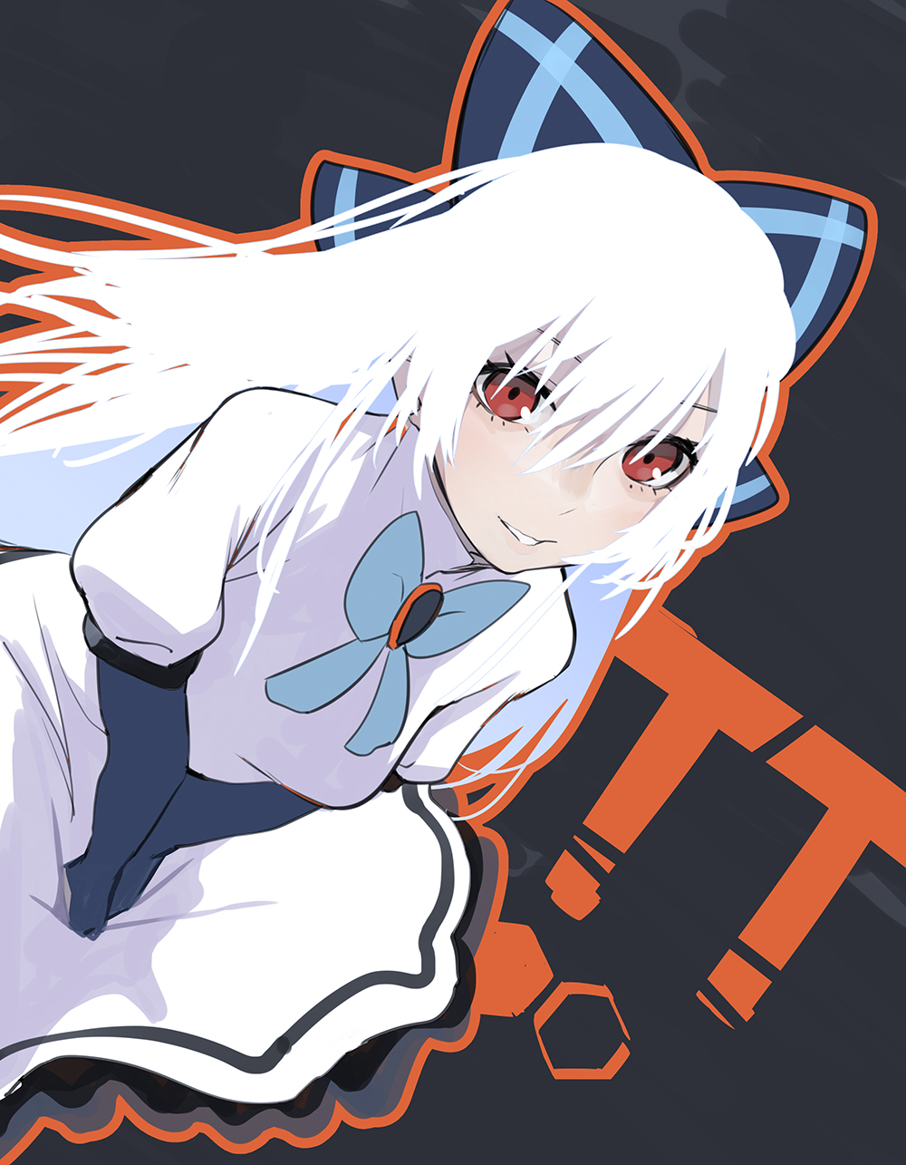 1girl blue_bow blue_gloves blue_neckwear bow bowtie breasts character_name dress dutch_angle from_above girls_frontline gloves grey_background hair_between_eyes hair_bow hexagon highres juz long_hair looking_at_viewer medium_breasts outline parted_lips puffy_short_sleeves puffy_sleeves red_eyes short_sleeves smile solo tokarev_(girls_frontline) v_arms white_dress white_hair