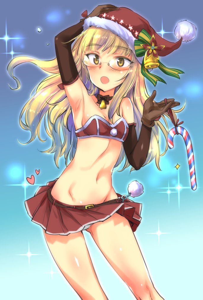 1girl amefre bell belt blonde_hair candy candy_cane choker food glasses gloves hand_on_headwear hat heart panties perrine_h_clostermann santa_costume santa_gloves santa_hat strike_witches underwear upskirt white_panties world_witches_series yellow_eyes