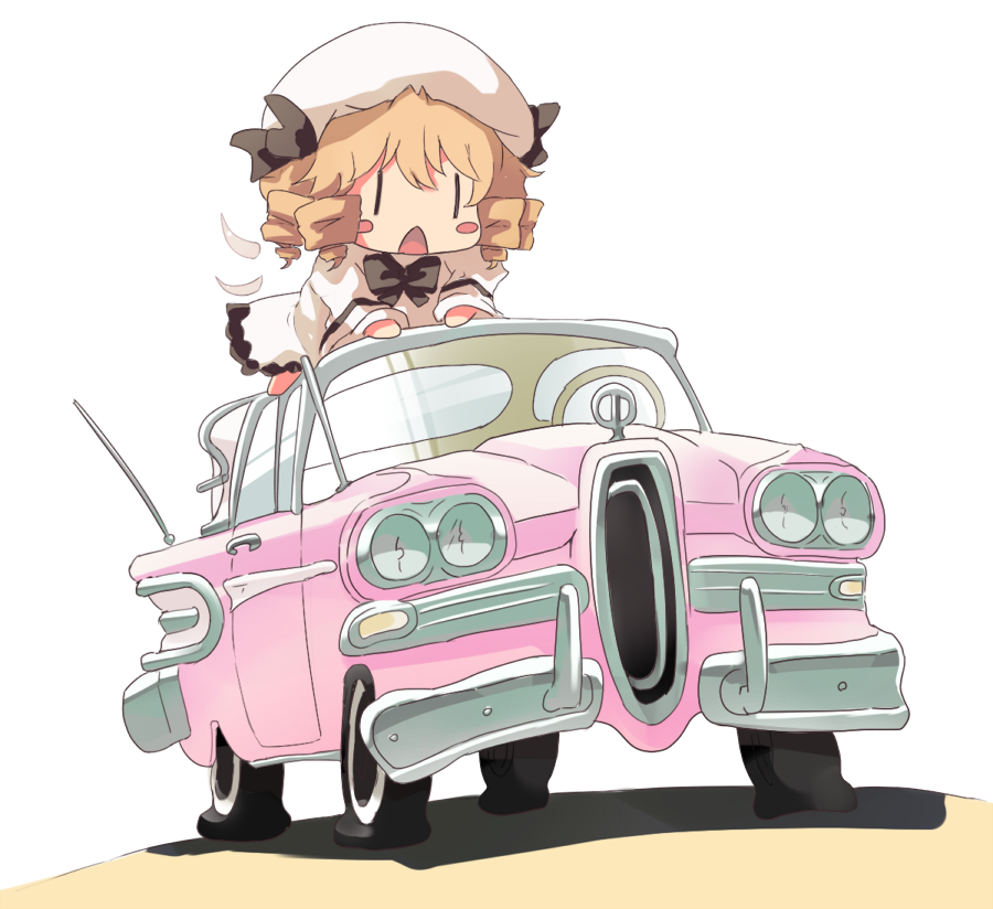 1girl bangs black_neckwear blush_stickers bow bowtie car detached_wings dress drill_hair eyebrows_visible_through_hair flan_(harry_mackenzie) flat_tire ground_vehicle hair_between_eyes hat long_hair long_sleeves luna_child motor_vehicle on_vehicle open_mouth solo touhou vehicle_request white_background white_dress white_hat wings |_|