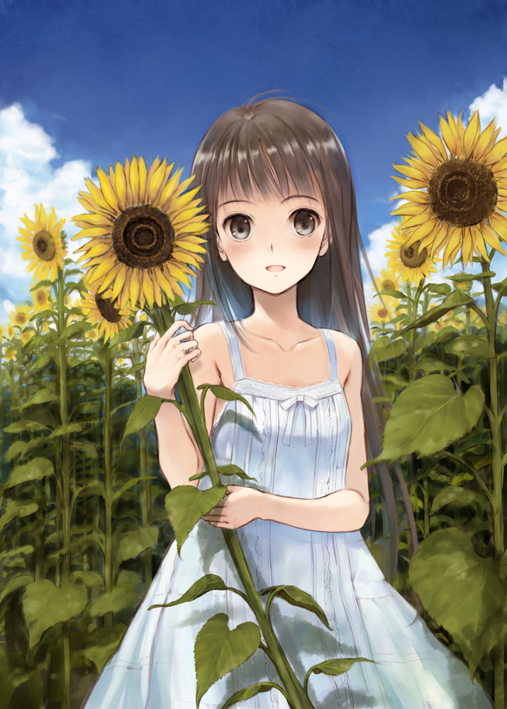 1girl :d arm_across_waist arm_up blue_sky blush brown_eyes brown_hair child clouds commentary_request day dress field flower flower_field fujita_hidetoshi happy holding holding_flower long_hair looking_at_viewer open_mouth original outdoors plant ribbon shiny shiny_hair sky sleeveless smile solo standing sundress sunflower sunlight white_dress white_ribbon yellow_flower