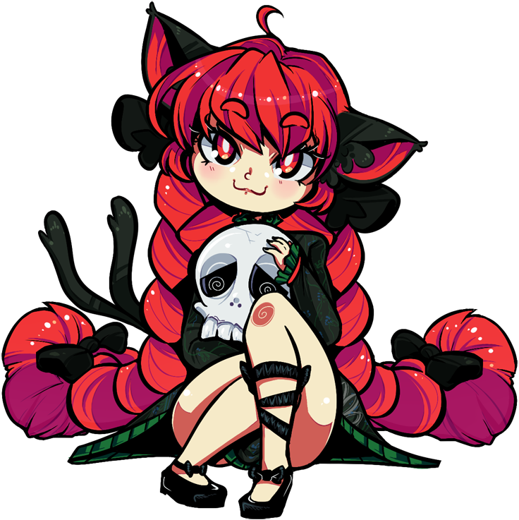 1girl :3 ahoge animal_ears bangs black_bow black_footwear black_nails bow cat_ears cat_tail doshmobile dress eyebrows_visible_through_hair green_dress hair_bow holding kaenbyou_rin knee_up long_hair looking_at_viewer nail_polish red_eyes redhead shoes simple_background sitting skull smile solo tail thick_eyebrows touhou very_long_hair white_background