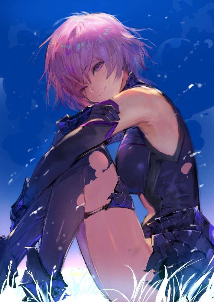 1girl bare_shoulders center_opening clouds elbow_gloves fate/grand_order fate_(series) gloves grass kureta_(nikogori) lavender_hair mash_kyrielight one_eye_closed shielder_(fate/grand_order) short_hair sitting sky smile solo thigh-highs torn_clothes torn_thighhighs violet_eyes