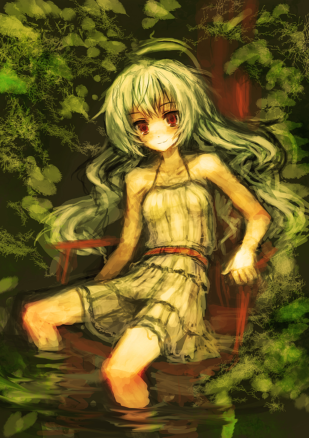 1girl bare_arms bare_shoulders blue_hair blush chair closed_mouth commentary_request dress eyebrows_visible_through_hair highres legs_apart lm7_(op-center) long_hair sitting sketch smile soaking_feet solo sundress water white_dress