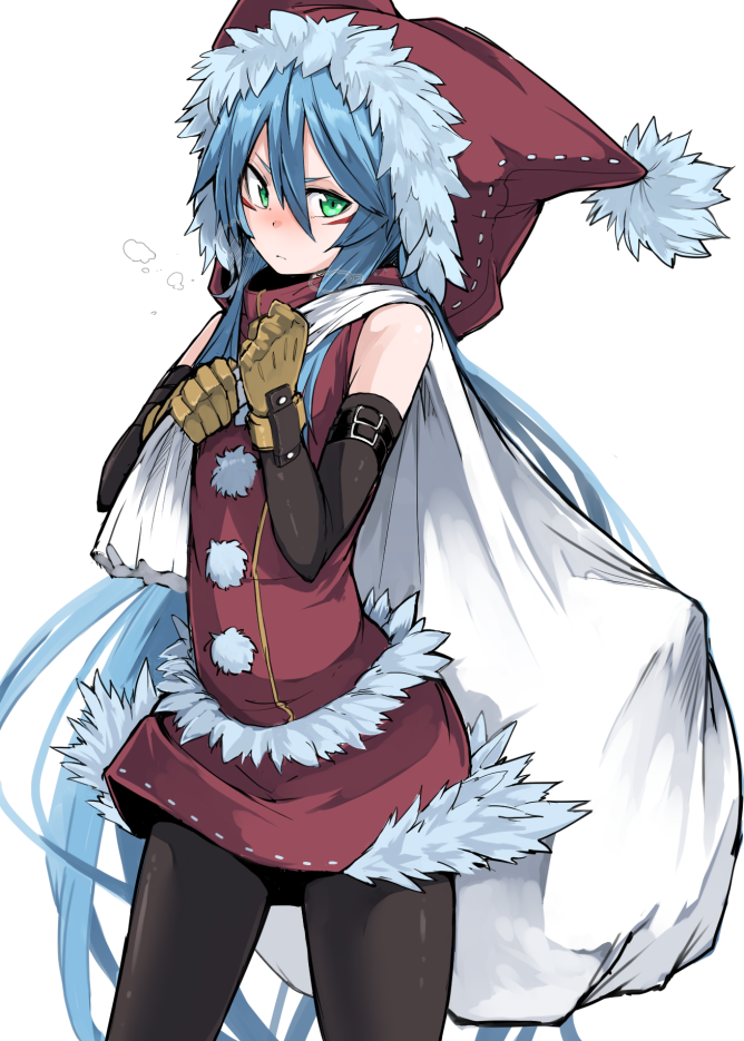 1girl black_legwear blue_hair christmas coup_(shun_soku) fur_trim gloves green_eyes hood long_hair original pantyhose red_hood shun_soku simple_background solo standing very_long_hair white_background yellow_gloves