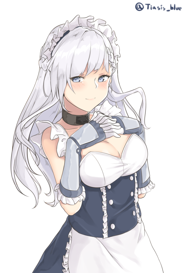 1girl apron arm_guards azur_lane bangs belfast_(azur_lane) black_dress blue_eyes blush braid breasts cleavage collar collarbone cowboy_shot dress elbow_gloves french_braid frilled_apron frills gloves hands_on_own_chest large_breasts long_hair looking_at_viewer maid_apron maid_headdress own_hands_together shiny shiny_hair shiny_skin silver_hair simple_background sleeveless sleeveless_dress solo standing tiasis twitter_username waist_apron white_apron white_background white_gloves