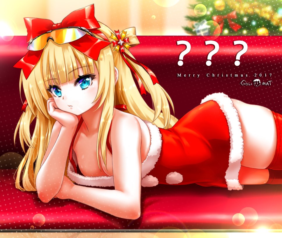 ? artist_name bangs beatmania beatmania_iidx bemani blonde_hair blue_eyes blunt_bangs blurry bow breasts character_request chin_rest christmas_tree cleavage commentary_request couch depth_of_field dress eyewear_on_head goli_matsumoto hair_bow lens_flare long_hair lying merry_christmas on_side ornament pom_pom_(clothes) red_bow red_dress red_legwear santa_costume sidelocks sunglasses thigh-highs twintails zettai_ryouiki