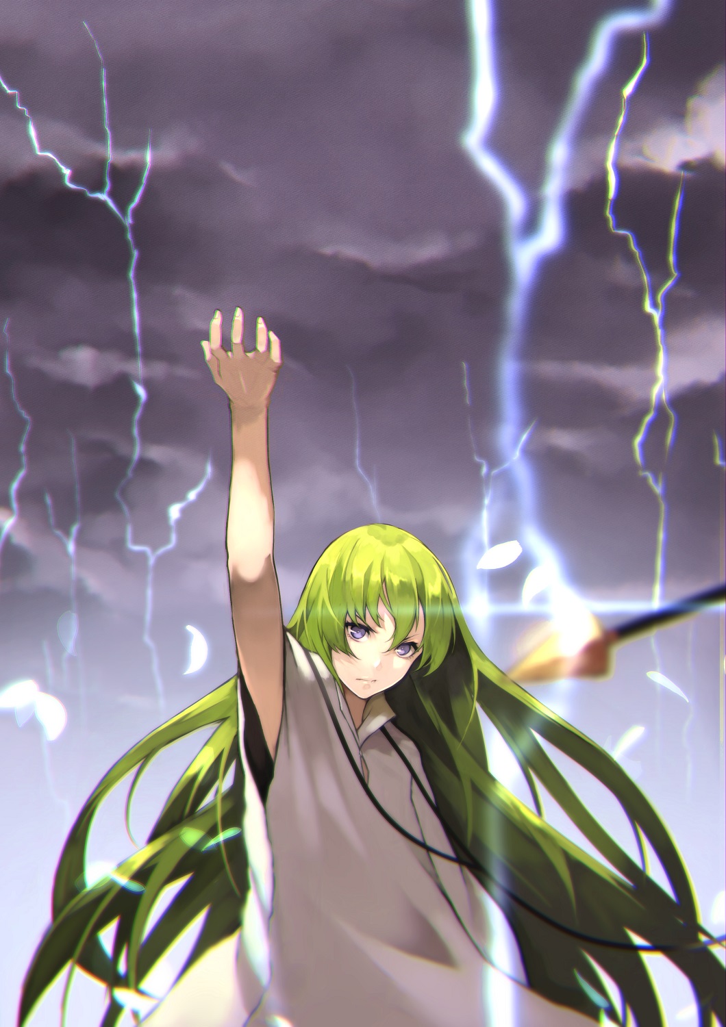 1boy 55level bangs blue_eyes chains clouds cloudy_sky enkidu_(fate/strange_fake) enkidu_(weapon) eyebrows_visible_through_hair fate/strange_fake fate_(series) green_hair hand_up highres lightning long_hair long_sleeves looking_at_viewer male_focus robe sky solo white_robe