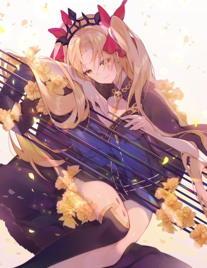 1girl arm_rest bangs between_breasts black_cape black_dress black_legwear blonde_hair breasts cape closed_mouth commentary_request dress ereshkigal_(fate/grand_order) eyes_visible_through_hair fate/grand_order fate_(series) flower hair_ribbon head_tilt long_hair medium_breasts miyuki_(miyuki0529) red_ribbon ribbon single_thighhigh skull smile solo spine thigh-highs tiara two_side_up very_long_hair yellow_eyes yellow_flower