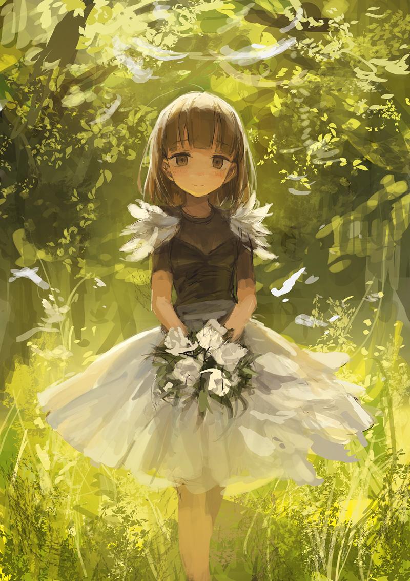 1girl bangs black_shirt bouquet brown_eyes brown_hair commentary_request day eyebrows_visible_through_hair feet_out_of_frame flower grass holding lm7_(op-center) original outdoors shirt short_hair skirt smile solo standing white_skirt