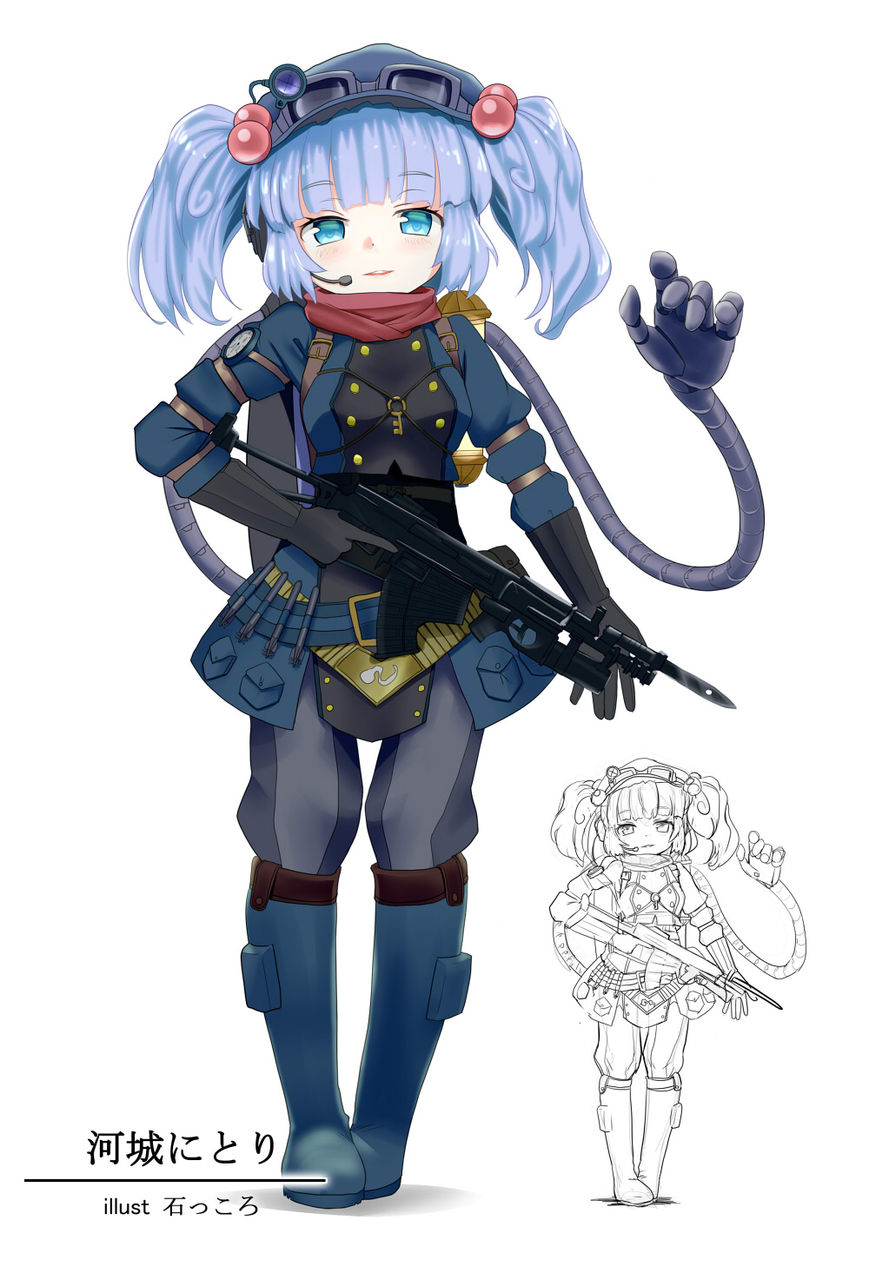 1girl alternate_costume artist_name bayonet blue_eyes blue_footwear blue_hair boots character_name full_body hair_bobbles hair_ornament headset highres holding holding_weapon ishikkoro kawashiro_nitori looking_at_viewer microphone red_scarf scarf simple_background smile solo standing touhou two_side_up weapon white_background