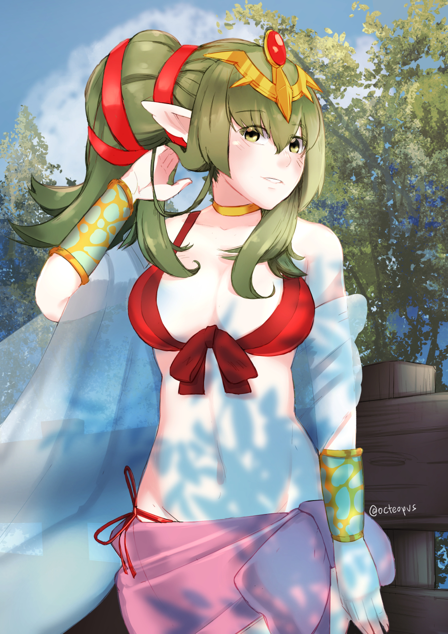 1girl adjusting_hair bikini blush bracelet breasts chiki cleavage fire_emblem fire_emblem_heroes green_eyes green_hair hair_ribbon highres jewelry large_breasts long_hair looking_at_viewer midriff octeopus pointy_ears ponytail red_bikini ribbon sarong shawl side-tie_bikini solo swimsuit