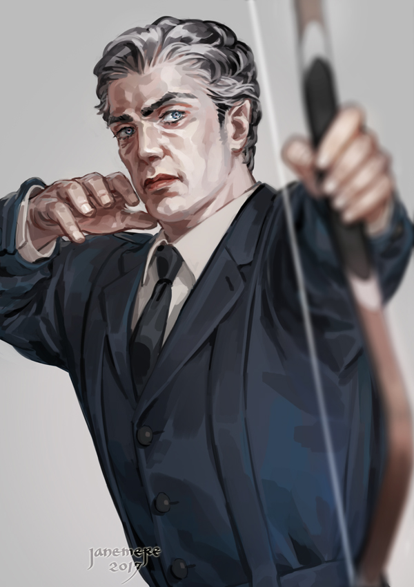 1boy arms_up artist_name black_jacket black_neckwear blue_eyes blurry bow_(weapon) closed_mouth depth_of_field forehead formal grey_background grey_hair holding holding_bow_(weapon) holding_weapon jacket jane_mere lips long_sleeves looking_at_viewer male_focus mature necktie original outstretched_arm simple_background suit upper_body weapon