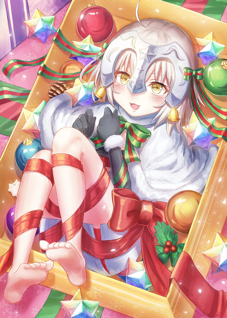 1girl ahoge barefoot bell black_gloves blonde_hair blush bow christmas elbow_gloves fate/grand_order fate_(series) gloves headpiece highres jeanne_d'arc_(fate)_(all) jeanne_d'arc_alter_santa_lily lying on_back open_mouth red_bow red_ribbon revision ribbon seungju_lee small_stellated_dodecahedron smile solo yellow_eyes