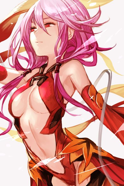 1girl arched_back armpits bare_shoulders breasts closed_mouth detached_sleeves dress grey_background guilty_crown hair_between_eyes hand_up hankuri large_breasts leaning_forward leotard long_hair long_sleeves looking_afar looking_away low_twintails navel pink_hair red_dress red_eyes red_leotard simple_background solo standing twintails upper_body yuzuriha_inori