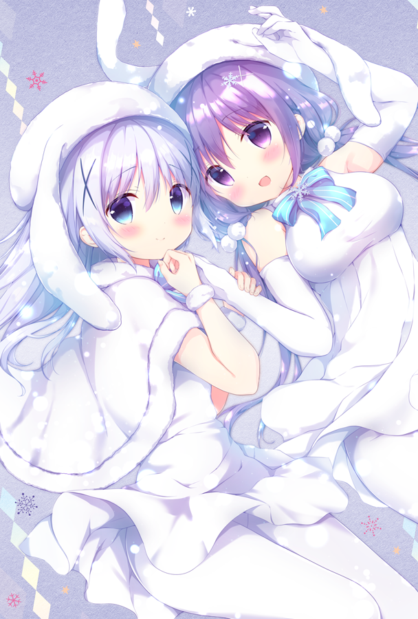 2girls :d alternate_hairstyle amedamacon animal_ears arm_grab arm_up bare_shoulders blue_eyes blue_hair blush breasts capelet closed_mouth dress elbow_gloves eyebrows_visible_through_hair gloves gochuumon_wa_usagi_desu_ka? hair_between_eyes hair_ornament hat kafuu_chino large_breasts long_hair looking_at_viewer looking_back low_twintails lying multiple_girls on_back on_side open_mouth pantyhose pom_pom_(clothes) purple_hair rabbit_ears smile snowflake_hair_ornament tedeza_rize twintails very_long_hair violet_eyes white_dress white_gloves white_hat white_legwear x_hair_ornament