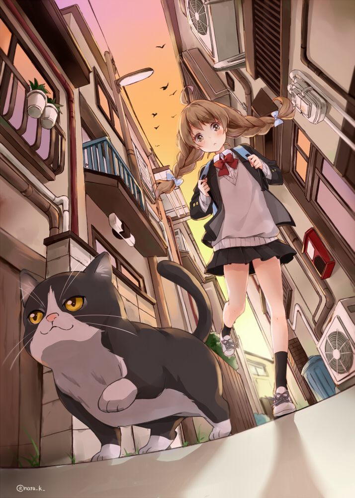 1girl air_conditioner alley animal backpack bag balcony bangs black_legwear black_skirt blue_bow blush bow bowtie braid brown_hair cat commentary_request dusk from_below hair_bow hazuki_natsu holding_strap jacket lamppost long_hair miniskirt original plant pleated_skirt potted_plant red_neckwear school_uniform shoes skirt socks solo sweater_vest trash_can twin_braids walking